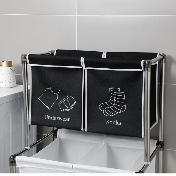 洗衣篮2层洗衣分拣机，带4个可拆卸袋，用于整理衣物、洗衣-8