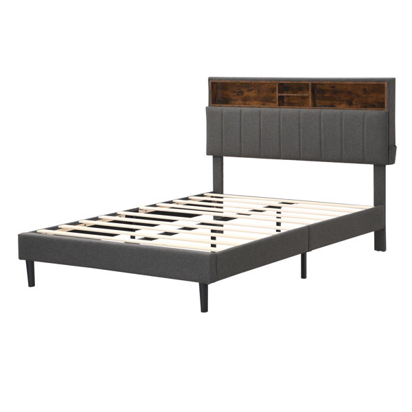全尺寸软垫床，带储物床头板和USB接口，亚麻织物软垫床(灰色)-3
