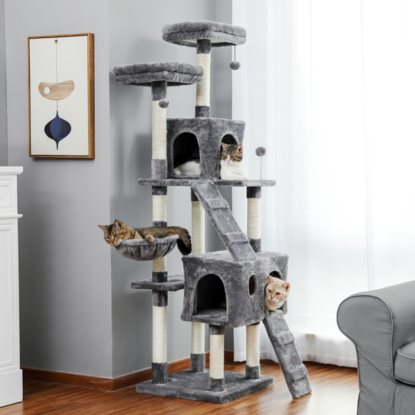 猫树69英寸的猫塔，两套房间，两套公寓，Kitty攀登者塔家具，升级版灰色-1