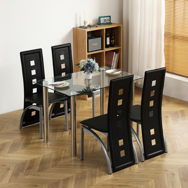 5件套餐桌，配有1张玻璃透明餐桌和4把PVC黑色椅子，现代餐桌，适用于厨房和早餐餐厅客厅（本产品将拆分成两个包裹）-1