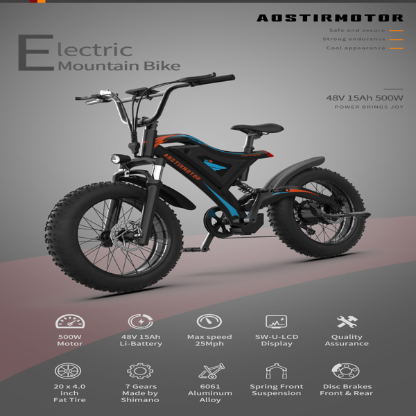 AOSTIRMOTOR 20" 新款电动自行车山地车助力车自行车500W电机48V15Ah可拆卸锂电池 S18-MINI  新款-16