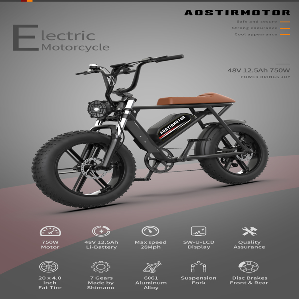  AOSTIRMOTOR新款电动自行车山地车自行车电动山地车助力车20英寸胖轮胎750W电机48V13Ah锂电池STORM-6