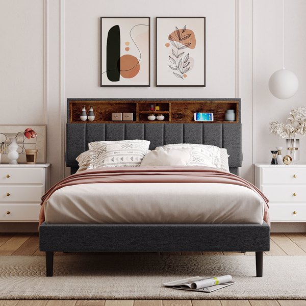 全尺寸软垫床，带储物床头板和USB接口，亚麻织物软垫床(灰色)-13