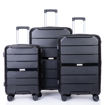 硬壳手提箱万向轮PP行李箱套装轻量级耐用手提箱，带TSA锁，3件套（20/24/28），黑色