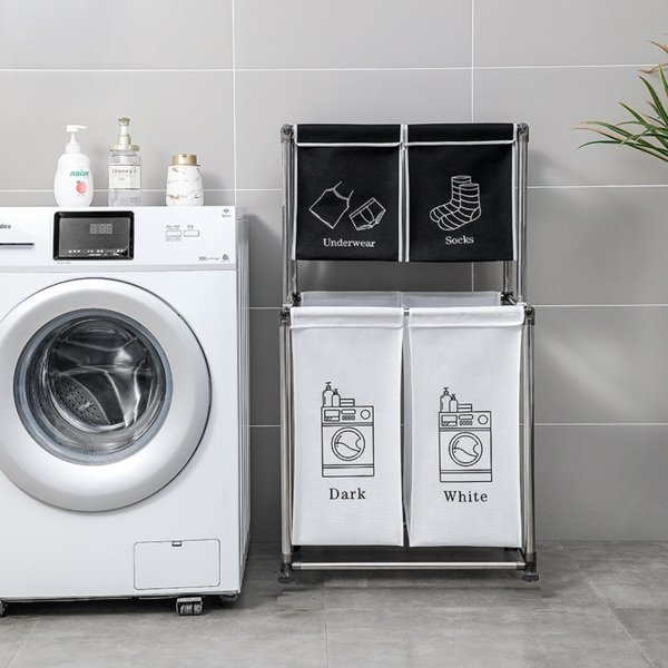 洗衣篮2层洗衣分拣机，带4个可拆卸袋，用于整理衣物、洗衣-3