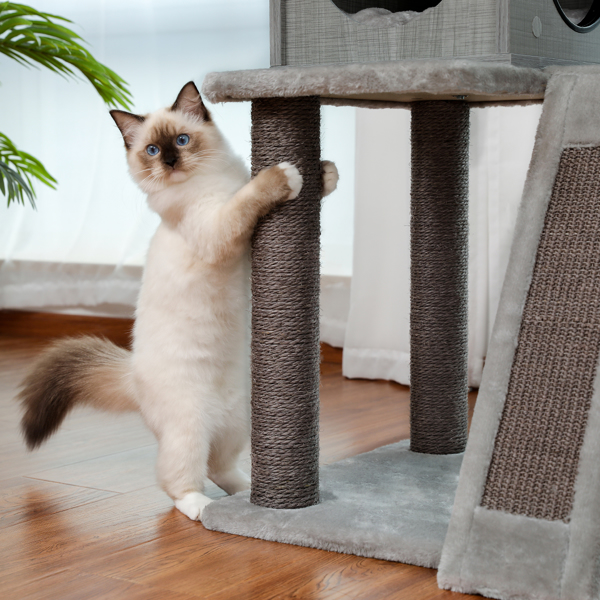 灰色猫台带有躺窝，剑麻猫抓柱，带猫玩具，可以休息和抓挠，适合各类猫使用-9
