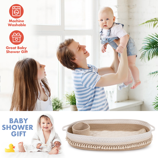 婴儿换篮，手工编织的棉绳摩西篮，更换用睡篮和床垫(米色和棕色)-8
