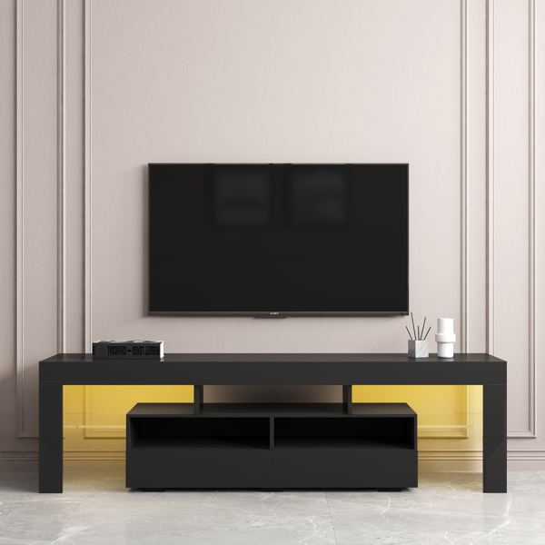客厅家具电视柜带2个抽屉和2个开放式架子20色RGB LED灯带遥控器黑色-3