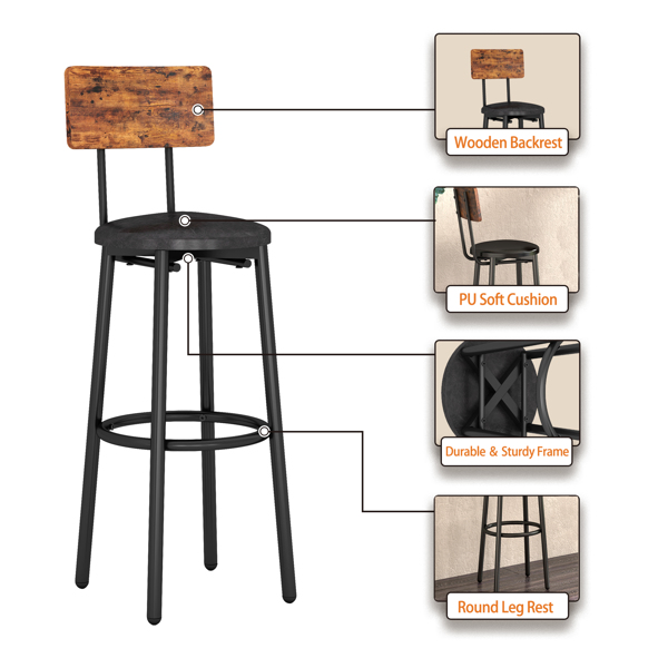 双层圆形吧台桌，配有2个吧台凳PU软座椅靠背早餐桌。（灰褐色，长23.62''x长23.62'x高35.43''）-3