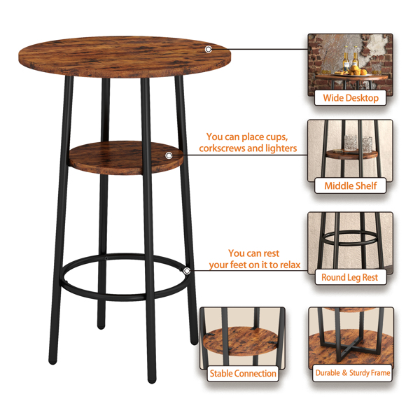 双层圆形吧台桌，配有2个吧台凳PU软座椅靠背早餐桌。（灰褐色，长23.62''x长23.62'x高35.43''）-6