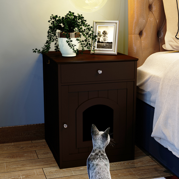 木制宠物屋猫垃圾箱外壳，带抽屉，侧桌，室内宠物箱，猫之家床头柜（棕色）-2