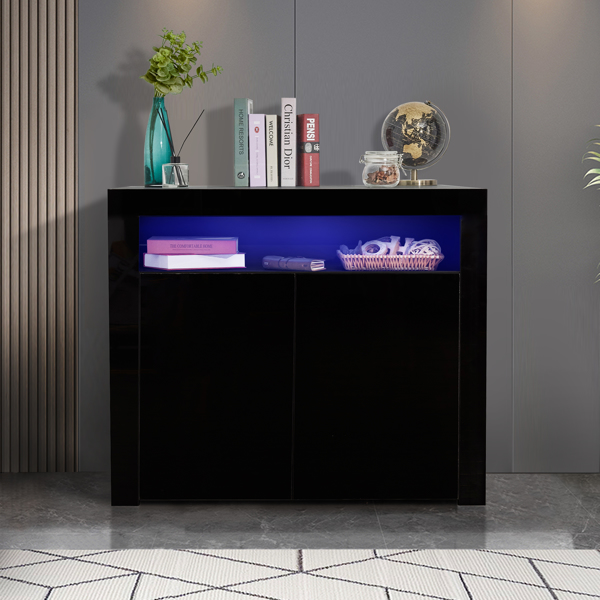 客厅餐具柜储物柜黑色高光泽，带LED灯-1