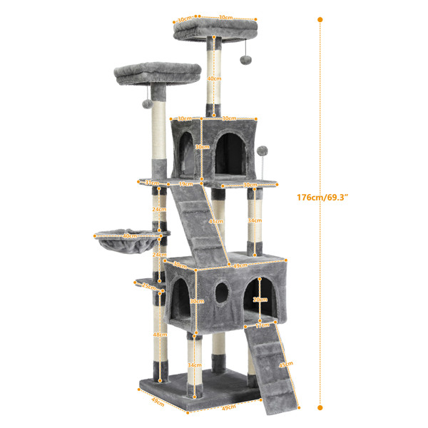 猫树69英寸的猫塔，两套房间，两套公寓，Kitty攀登者塔家具，升级版灰色-14