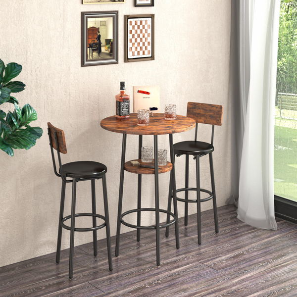 双层圆形吧台桌，配有2个吧台凳PU软座椅靠背早餐桌。（灰褐色，长23.62''x长23.62'x高35.43''）-13