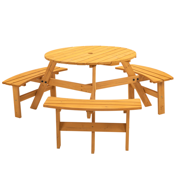 6人圆形户外木制野餐桌，适用于露台、后院、花园、DIY，带3个内置长椅-3
