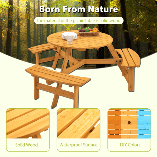 6人圆形户外木制野餐桌，适用于露台、后院、花园、DIY，带3个内置长椅-14