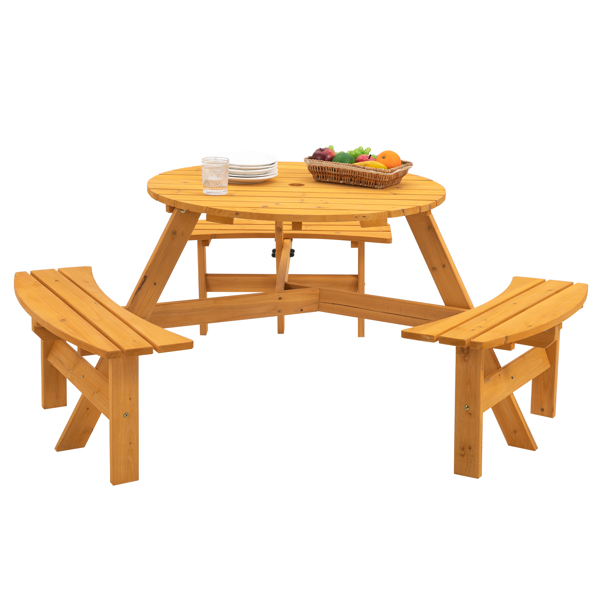 6人圆形户外木制野餐桌，适用于露台、后院、花园、DIY，带3个内置长椅-13