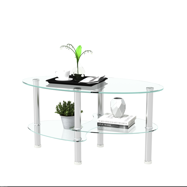 透明椭圆形玻璃咖啡桌、不锈钢桌腿现代桌、茶几客厅三层玻璃桌-18