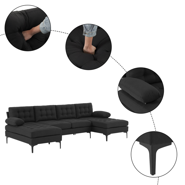  U型 软包扶手 靠背座包拉点 室内组合沙发 木架 铁框 黑色脚 黑色-10
