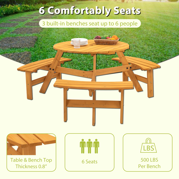 6人圆形户外木制野餐桌，适用于露台、后院、花园、DIY，带3个内置长椅-10