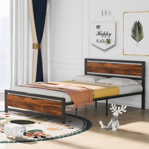 带床头板和脚踏板的金属和木制床架，大号平台床-26