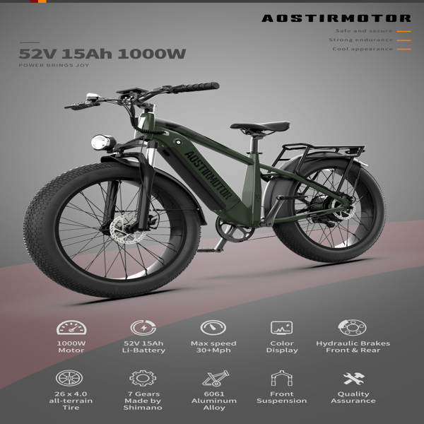 AOSTIRMOTOR新型26英寸1000W电动自行车电动车自行车山地车电动山地车助力车胖轮胎52V15AH成人可拆卸锂电池-5