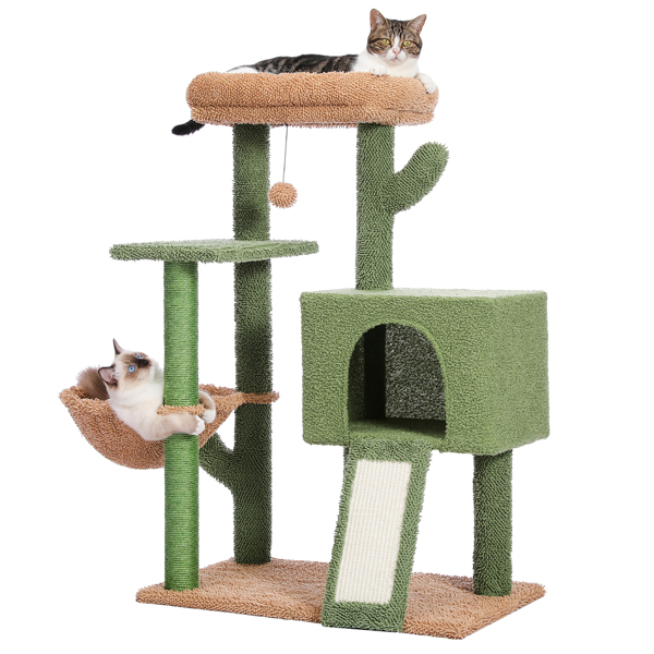 绿色仙人掌系列猫台带有1个舒适的猫窝，吊床和1个宽敞的顶部躺窝，剑麻猫抓柱以及猫互动玩具吊球-10