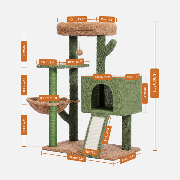 绿色仙人掌系列猫台带有1个舒适的猫窝，吊床和1个宽敞的顶部躺窝，剑麻猫抓柱以及猫互动玩具吊球-2