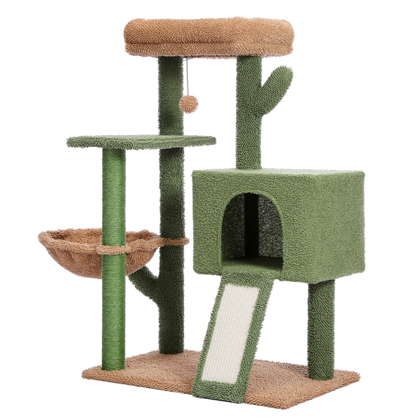 绿色仙人掌系列猫台带有1个舒适的猫窝，吊床和1个宽敞的顶部躺窝，剑麻猫抓柱以及猫互动玩具吊球-9