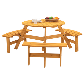 6人圆形户外木制野餐桌，适用于露台、后院、花园、DIY，带3个内置长椅