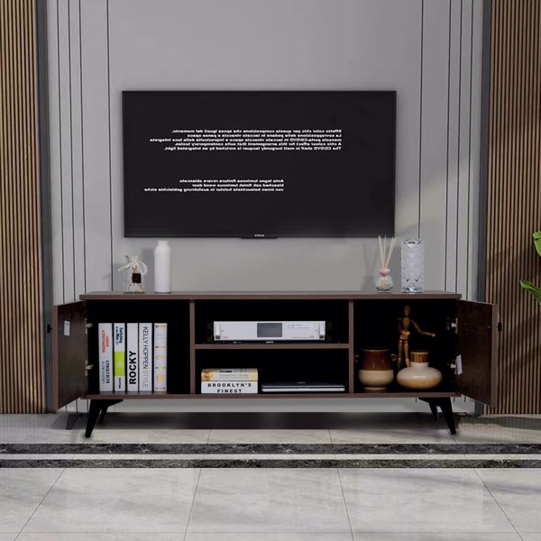 电视柜，适用于高达58英寸的电视支架，带橱柜木质存储电视控制台桌，客厅复古媒体娱乐中心（棕色）-5