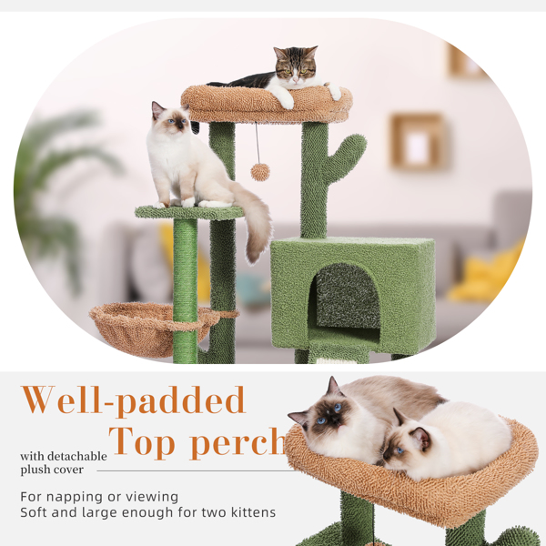 绿色仙人掌系列猫台带有1个舒适的猫窝，吊床和1个宽敞的顶部躺窝，剑麻猫抓柱以及猫互动玩具吊球-6