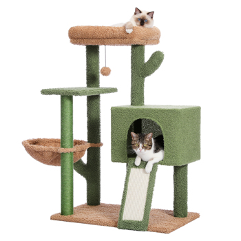 绿色仙人掌系列猫台带有1个舒适的猫窝，吊床和1个宽敞的顶部躺窝，剑麻猫抓柱以及猫互动玩具吊球