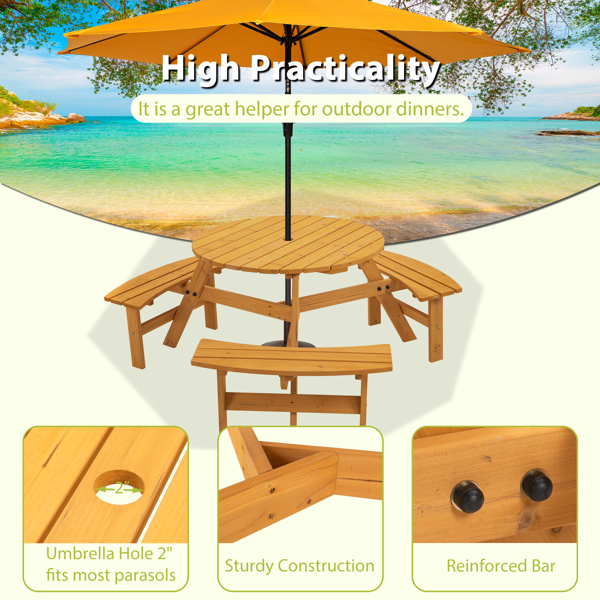 6人圆形户外木制野餐桌，适用于露台、后院、花园、DIY，带3个内置长椅-16