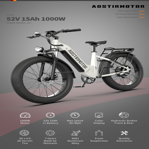 AOSTIRMOTOR新型26英寸1000W电动自行车胖轮胎52V15AH成人可拆卸锂电池-5