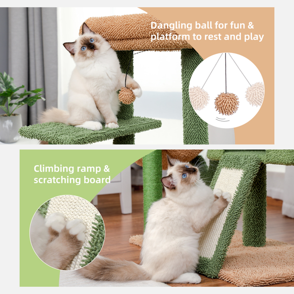 绿色仙人掌系列猫台带有1个舒适的猫窝，吊床和1个宽敞的顶部躺窝，剑麻猫抓柱以及猫互动玩具吊球-8