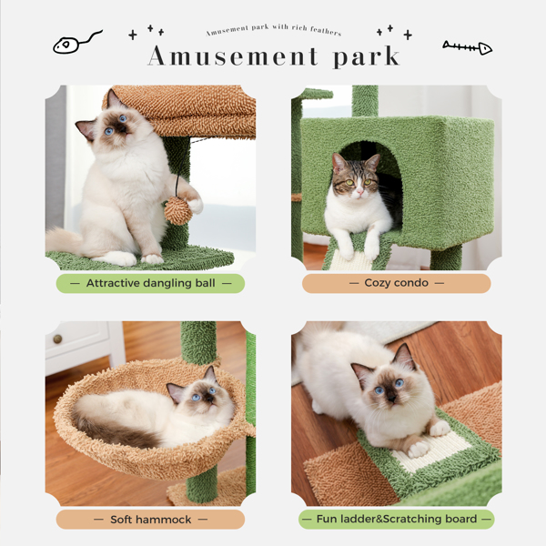 绿色仙人掌系列猫台带有1个舒适的猫窝，吊床和1个宽敞的顶部躺窝，剑麻猫抓柱以及猫互动玩具吊球-5