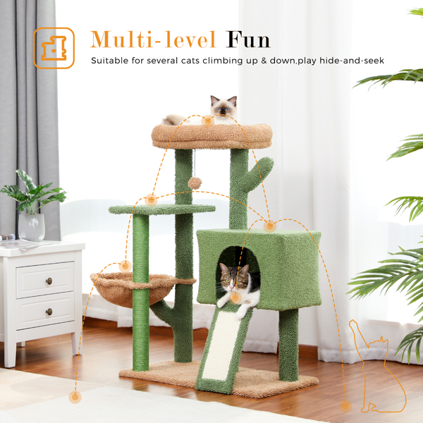 绿色仙人掌系列猫台带有1个舒适的猫窝，吊床和1个宽敞的顶部躺窝，剑麻猫抓柱以及猫互动玩具吊球-3