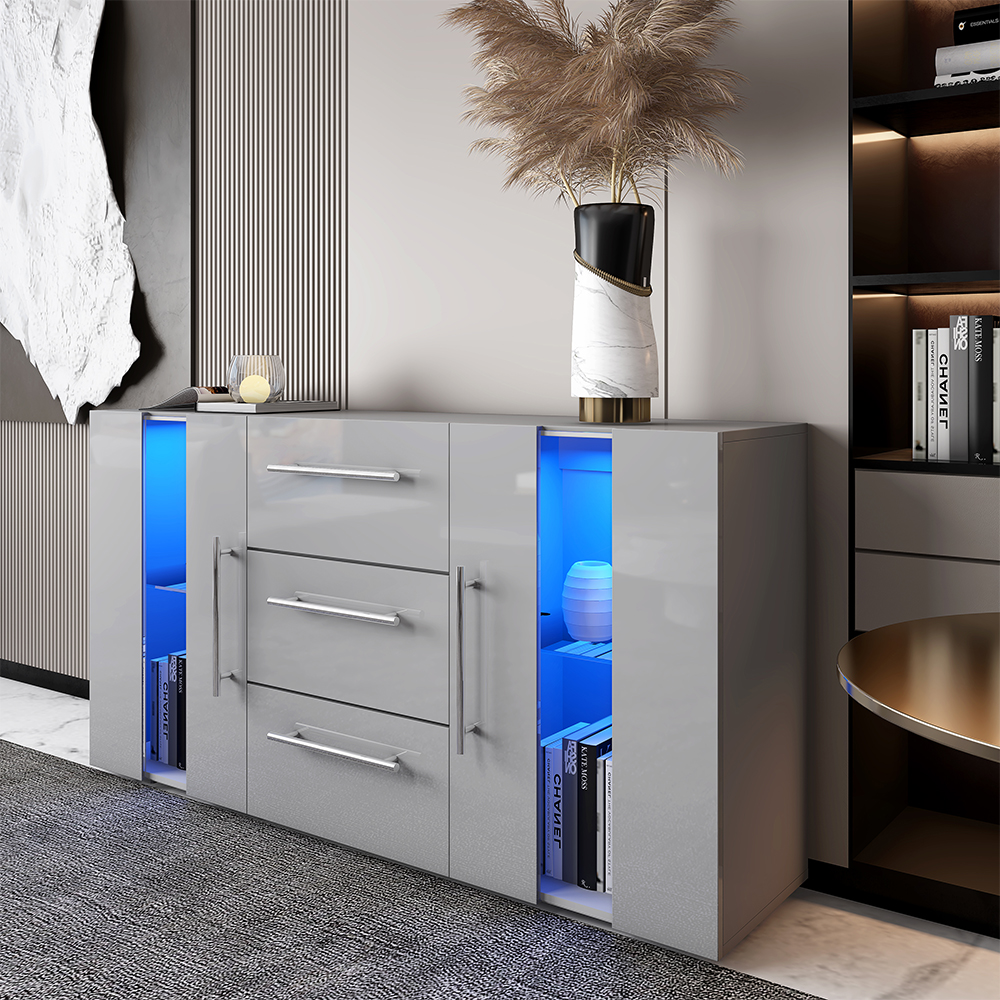 135cm Grey High Gloss Front Matt Body Cabinet Cupboard Sideboard