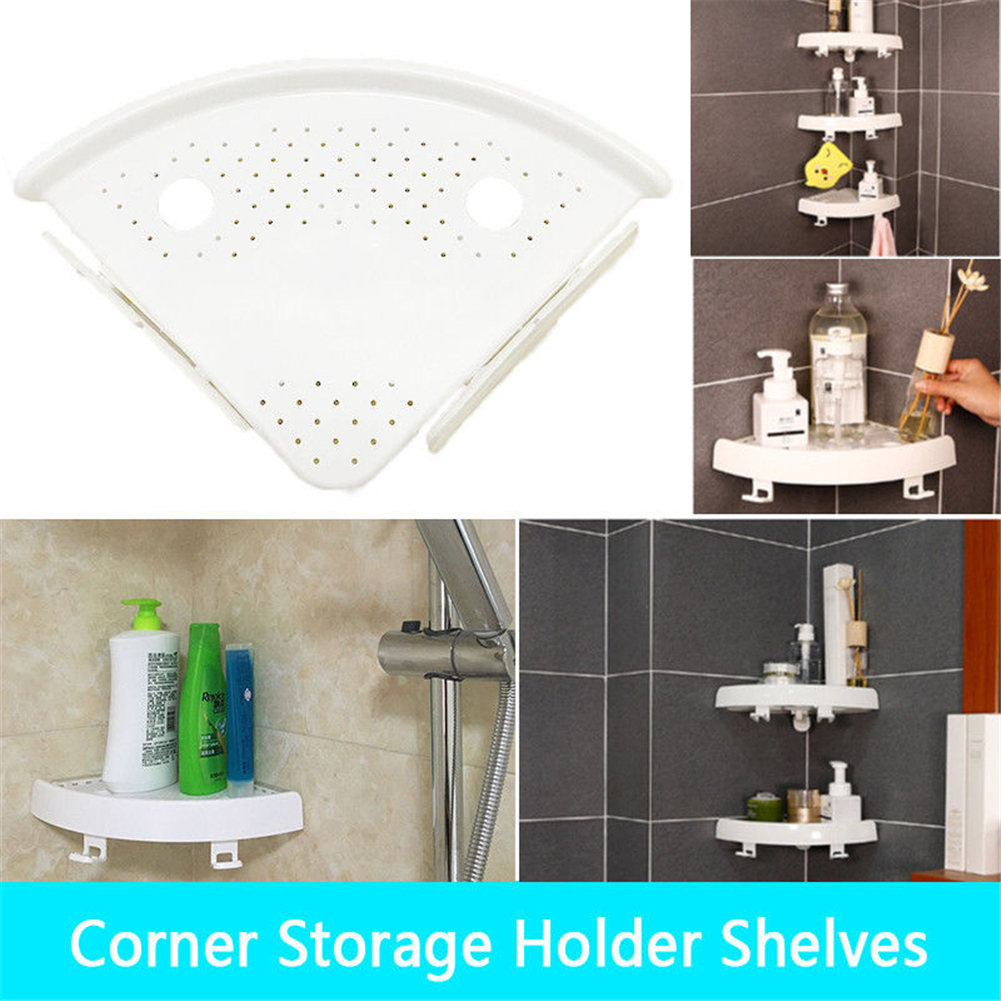 Bathroom Wall Corner Shelf Organizer, Kitchen Corner Storage Rack Non-Marking Shelf with Hooks, Easy to Install (White, One Size)