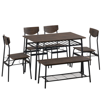  拆装 隔层 P2板 铁 深榆木色 餐桌椅套装 1桌1凳4椅 长方形 N101