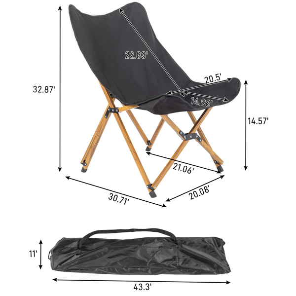 黑色 56*50*86cm 野营椅 铝制框架 600D卡其色牛津布 100kg 仿木纹喷漆 蝴蝶椅 N001-22