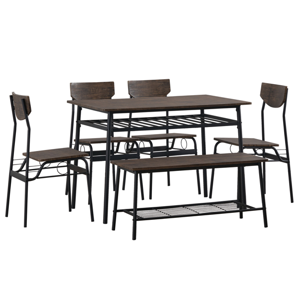  拆装 隔层 P2板 铁 深榆木色 餐桌椅套装 1桌1凳4椅 长方形 N101-3