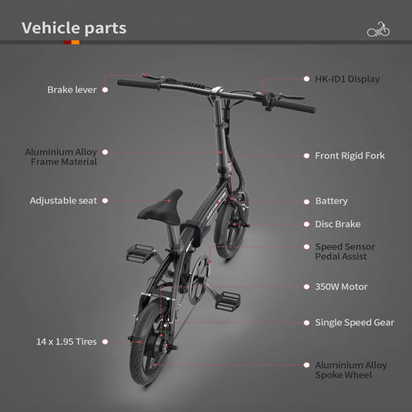 Aostirmotor 14寸电动自行车，350W 7.5Ah/36V电动自行车，轻型成人折叠电动自行车(白色)可拆卸锂电池-10