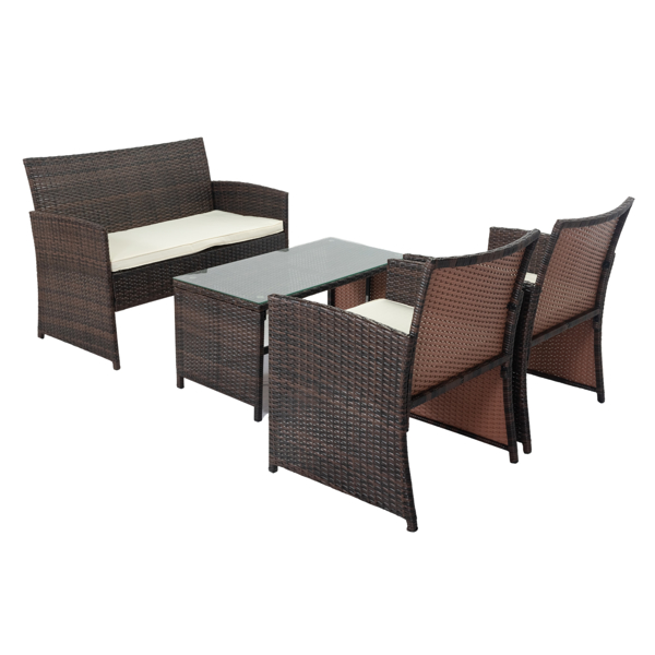 4件套带桌子套装的户外藤条沙发、带软垫的Patio家具套装和钢化玻璃咖啡桌-8