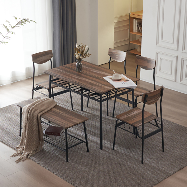  拆装 隔层 P2板 铁 自然色 餐桌椅套装 1桌1凳4椅 长方形 N101-49