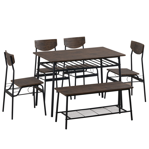 拆装 隔层 P2板 铁 深榆木色 餐桌椅套装 1桌1凳4椅 长方形 N101-32