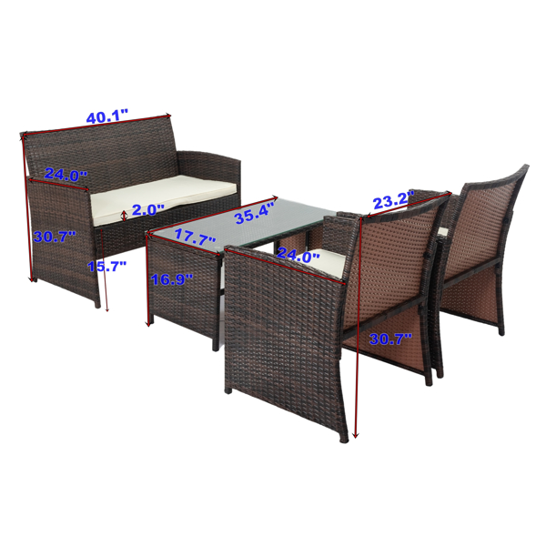 4件套带桌子套装的户外藤条沙发、带软垫的Patio家具套装和钢化玻璃咖啡桌-10