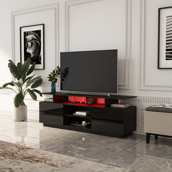  黑色 高亮面 刨花板 两抽 电视柜 带LED灯 可加装壁炉芯 N001-19