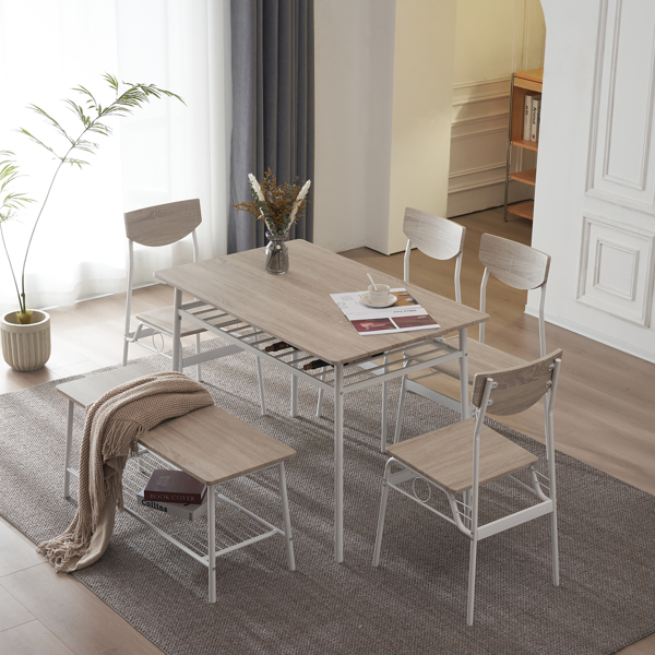  拆装 隔层 P2板 铁 白橡木色 餐桌椅套装 1桌1凳4椅 长方形 N101-46